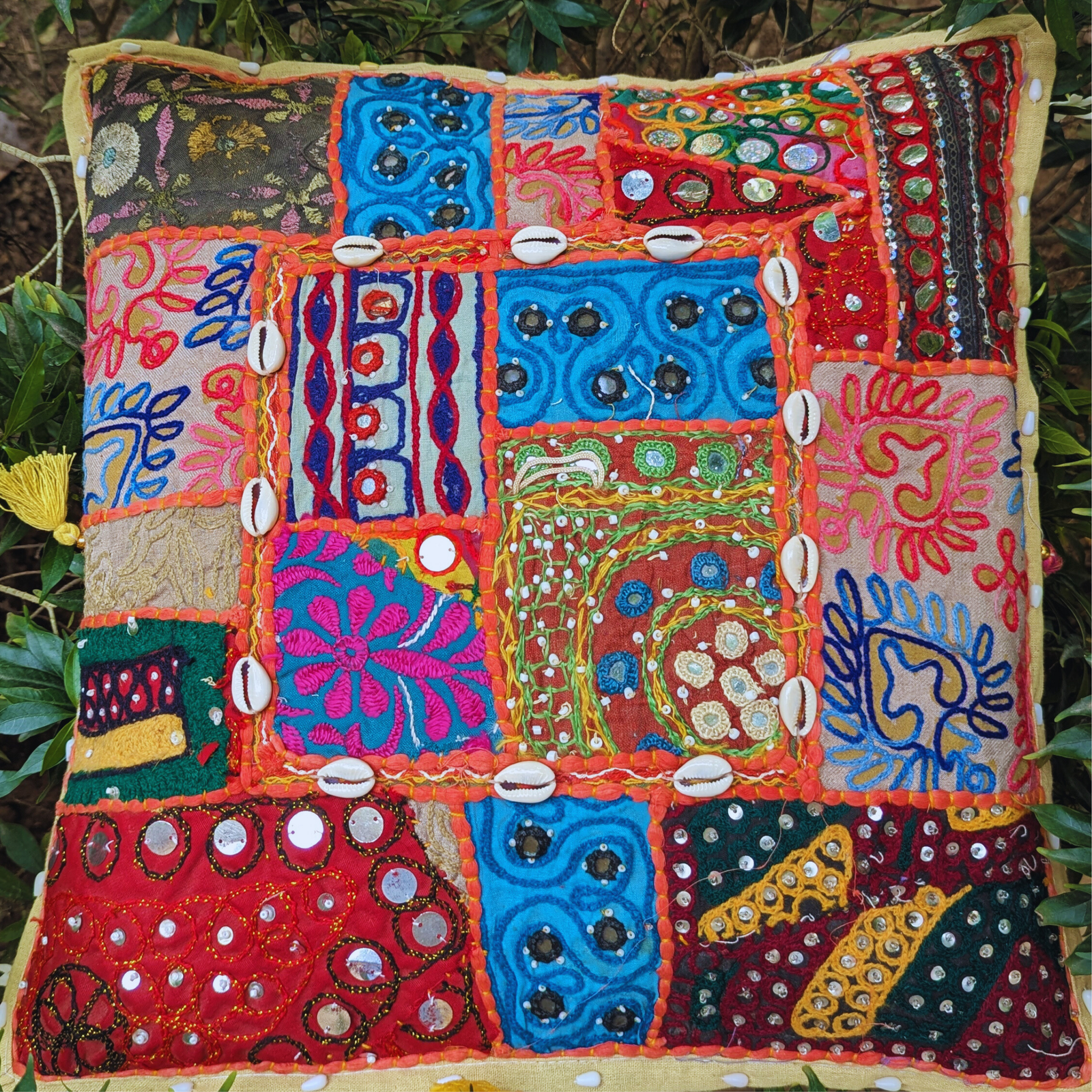 Handmade Patchwork Pillow Cover: Boho Throw Pillow with Embroidery, Cowrie Shells - Image 5