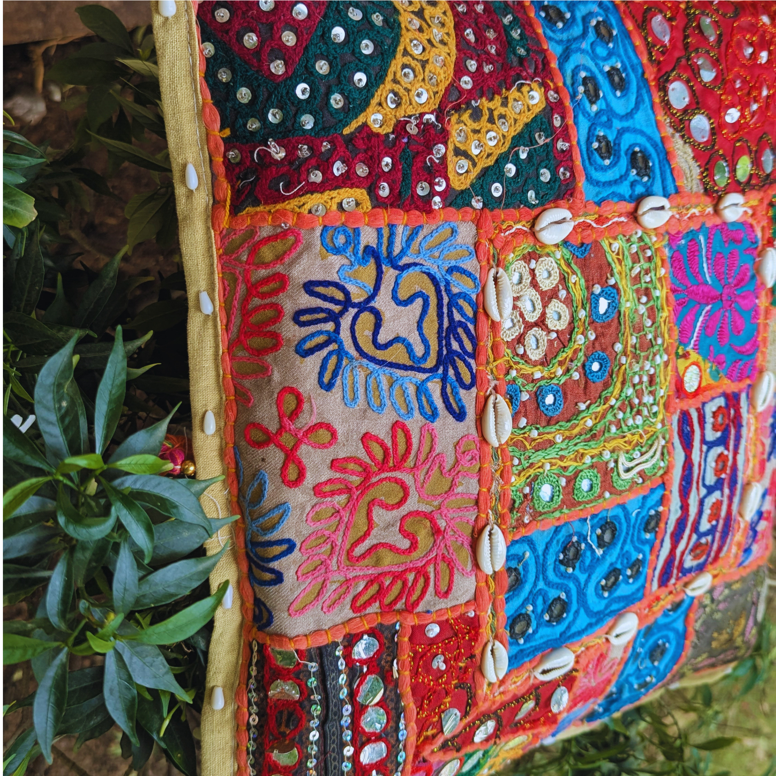 Handmade Patchwork Pillow Cover: Boho Throw Pillow with Embroidery, Cowrie Shells - Image 4