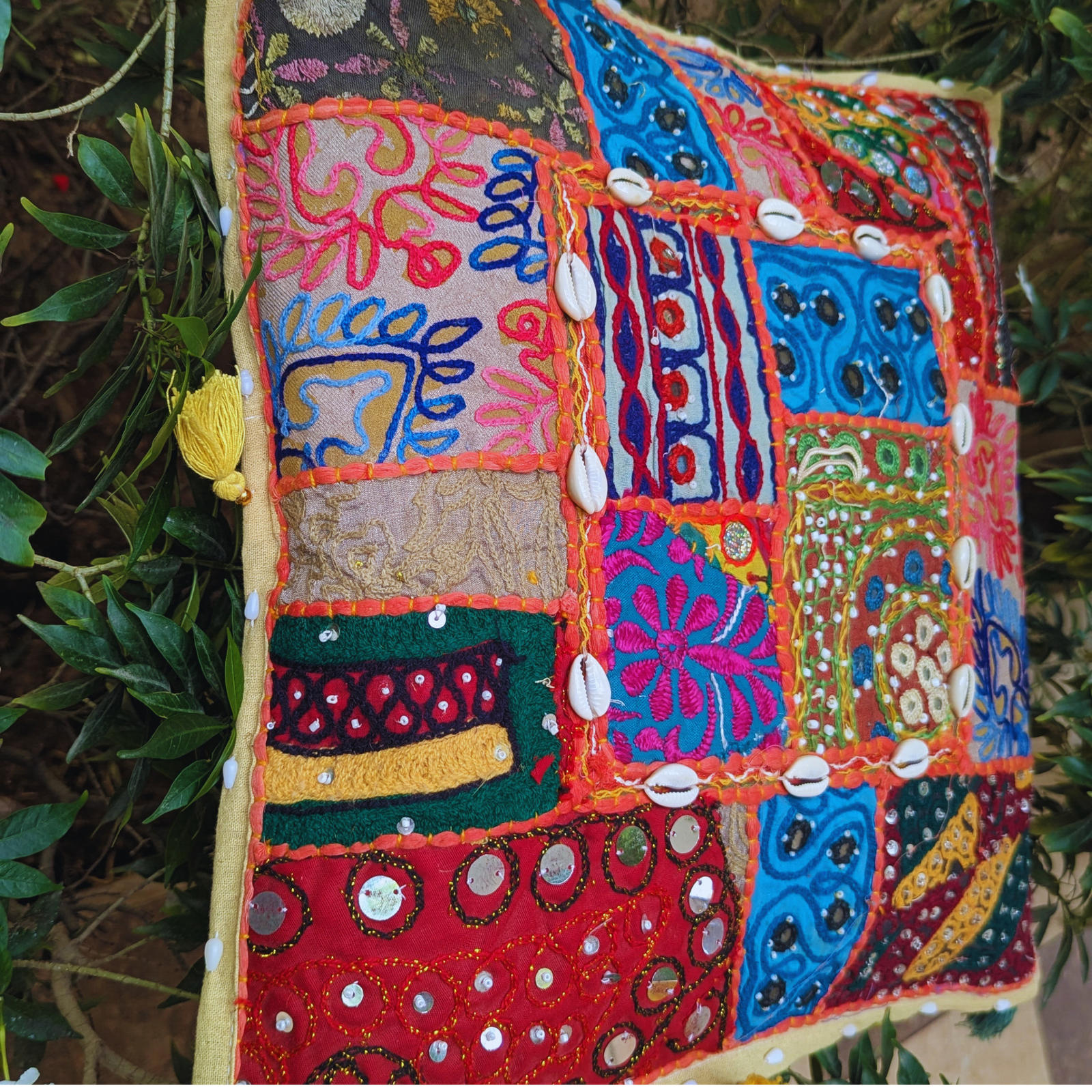 Handmade Patchwork Pillow Cover: Boho Throw Pillow with Embroidery, Cowrie Shells - Image 3