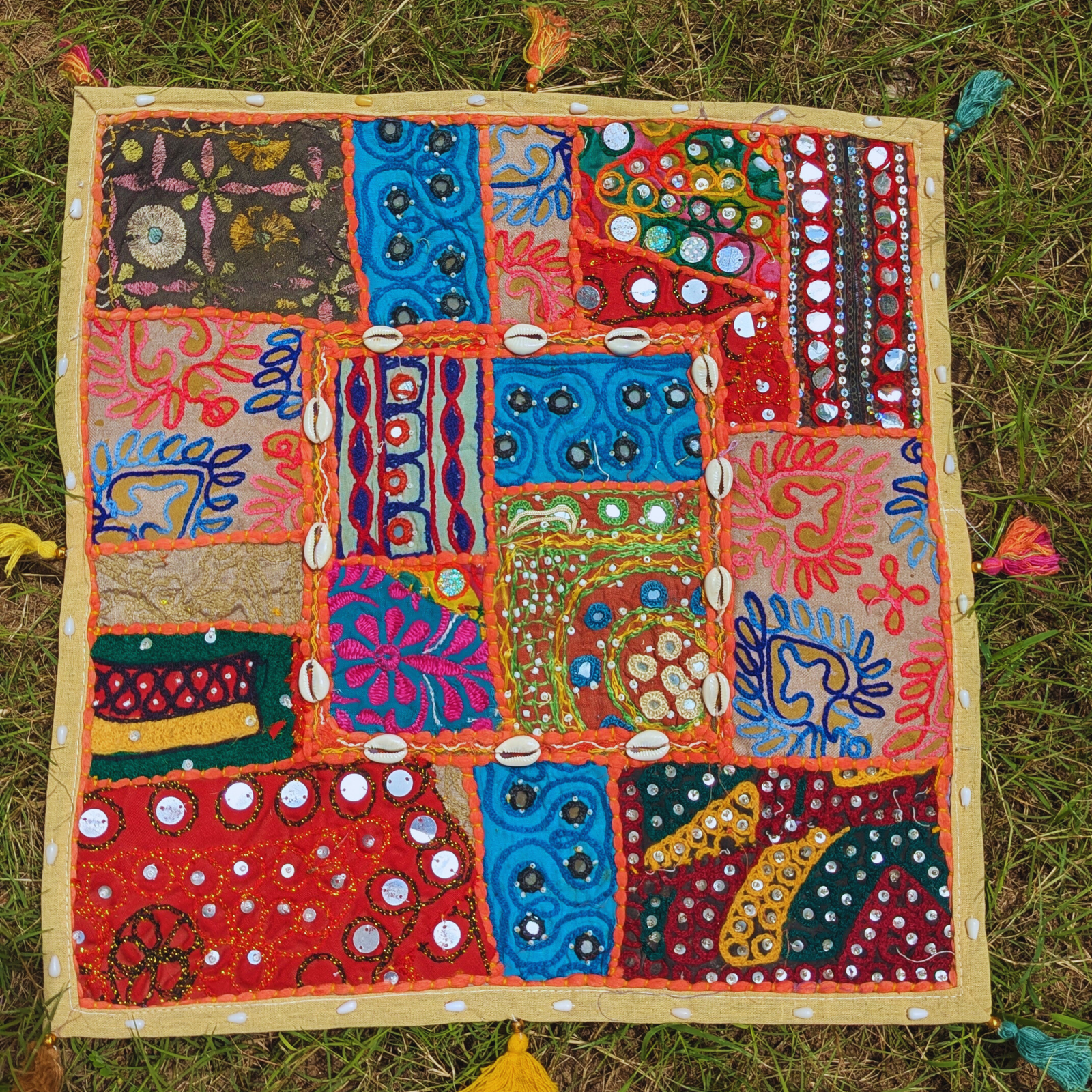 Handmade Patchwork Pillow Cover: Boho Throw Pillow with Embroidery, Cowrie Shells - Image 2