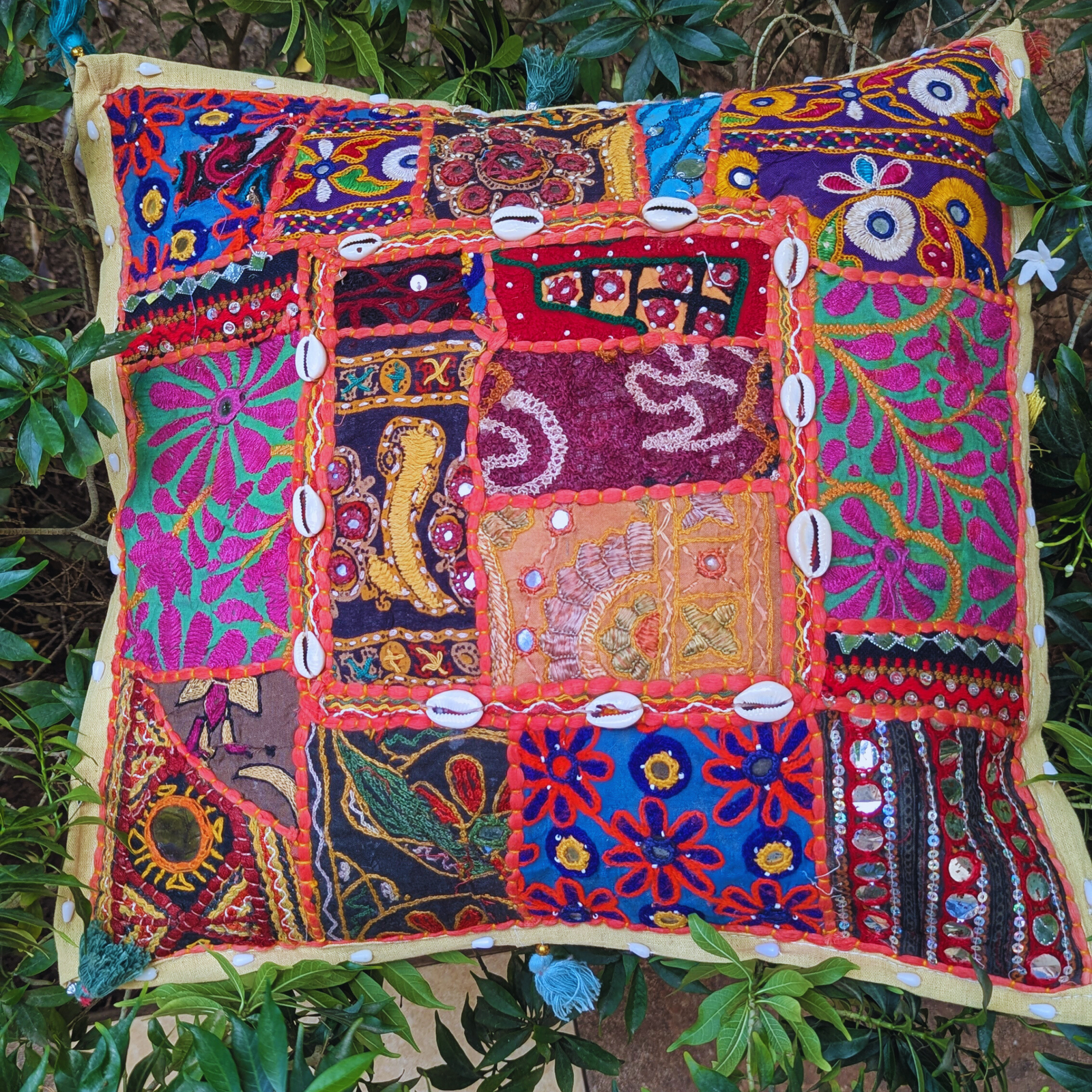 Boho Patchwork Pillow Cover 16x16 | Handmade Throw Pillow with Embroidery, Mirror Work & Cowrie Shells - Image 6