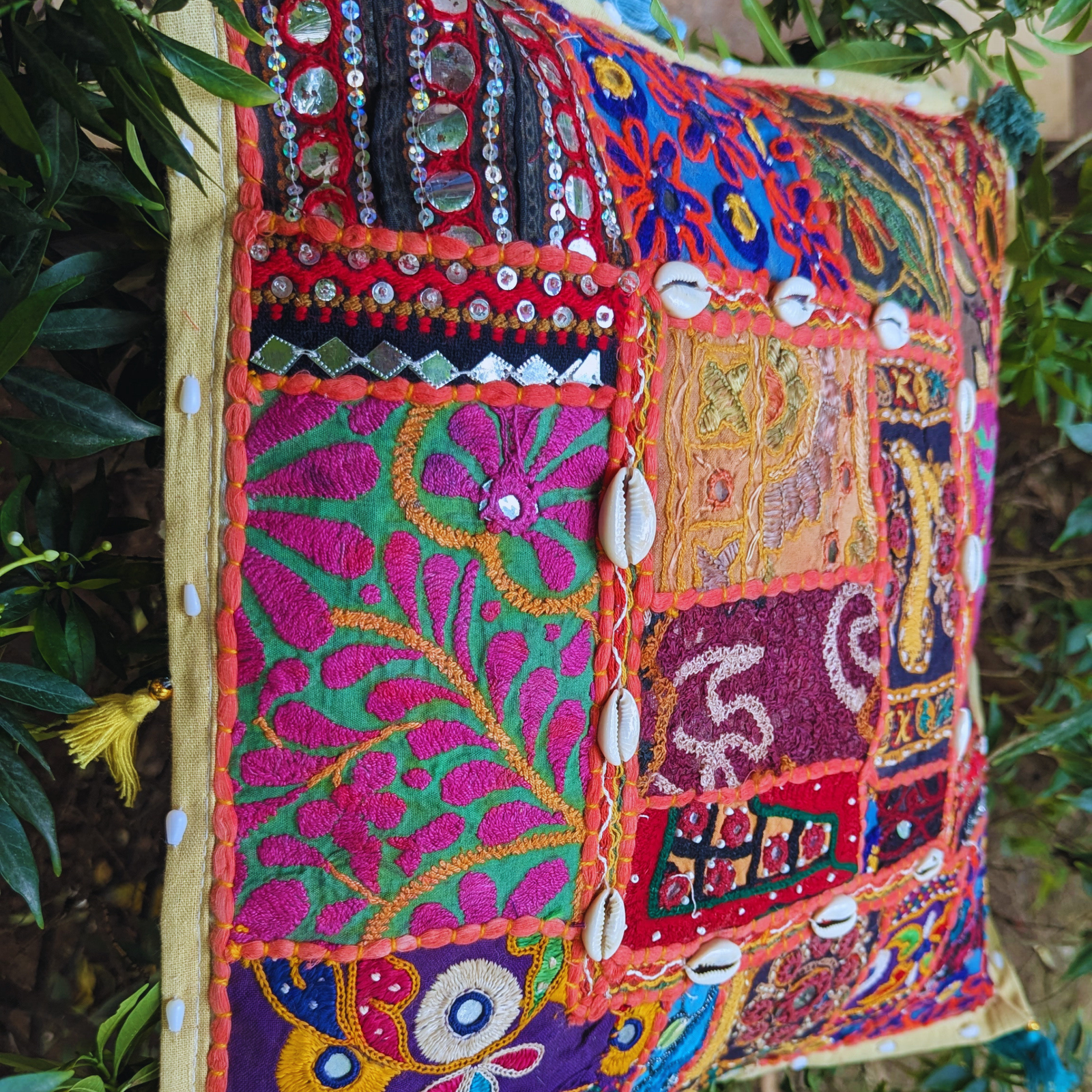 Boho Patchwork Pillow Cover 16x16 | Handmade Throw Pillow with Embroidery, Mirror Work & Cowrie Shells - Image 5