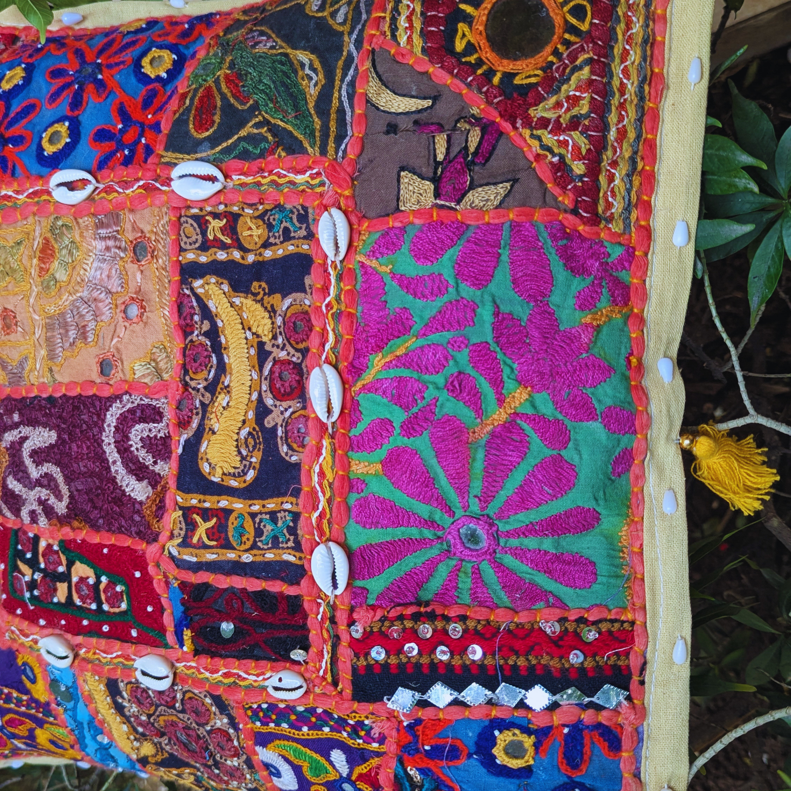 Boho Patchwork Pillow Cover 16x16 | Handmade Throw Pillow with Embroidery, Mirror Work & Cowrie Shells - Image 4