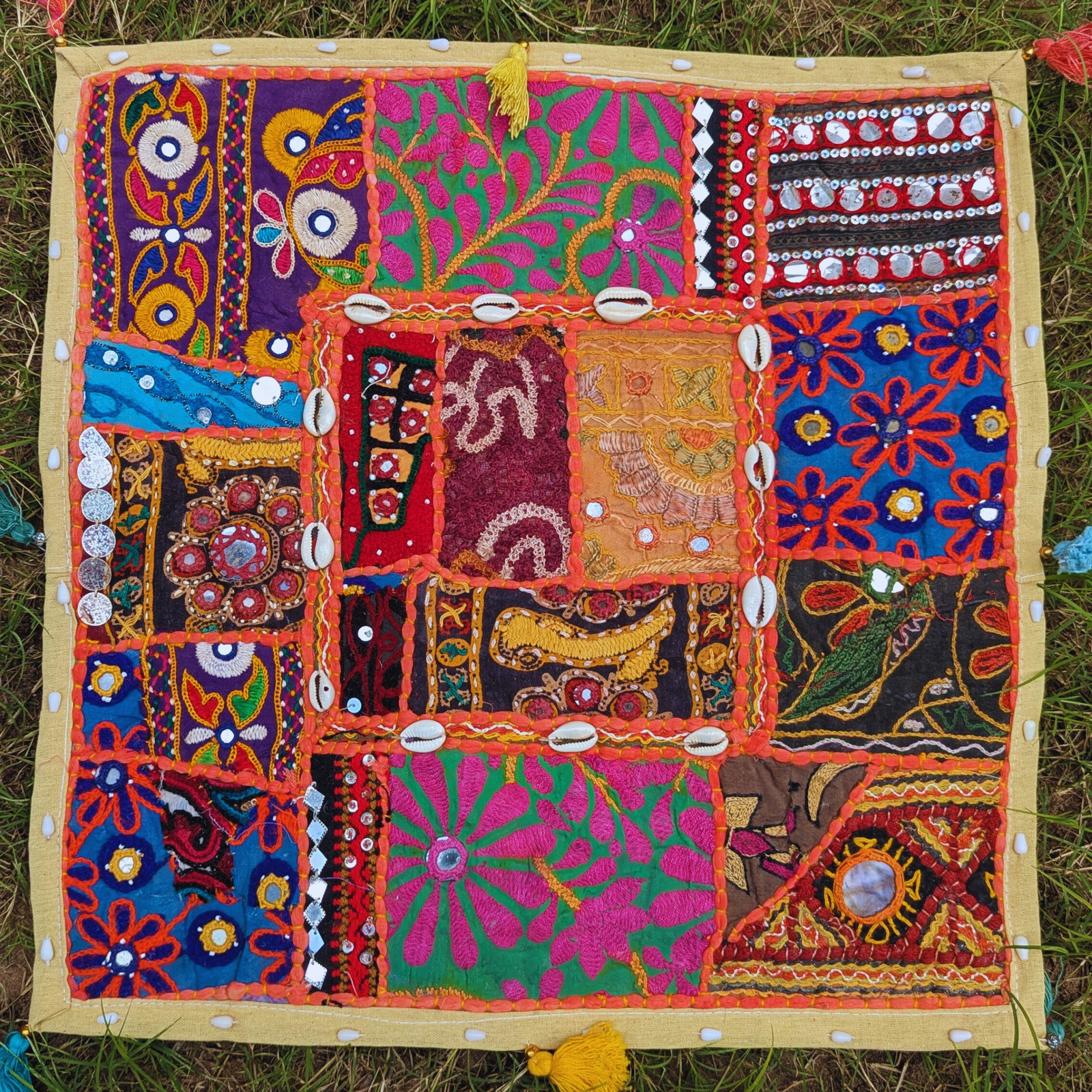 Boho Patchwork Pillow Cover 16x16 | Handmade Throw Pillow with Embroidery, Mirror Work & Cowrie Shells - Image 3