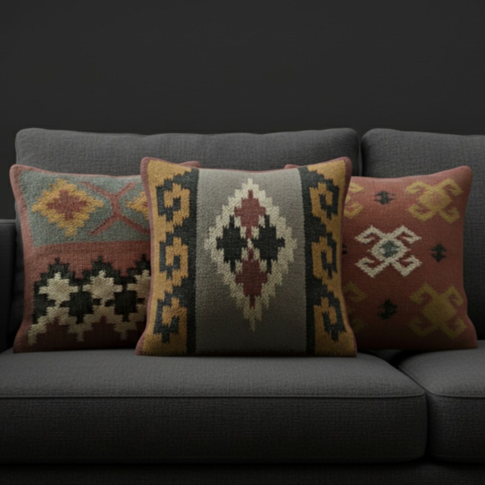 Set of 3 Handwoven Jute Kilim Pillow Covers: Rustic Tribal Decor