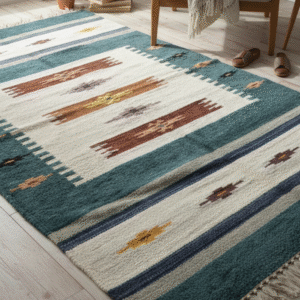Handwoven Teal Tribal Rug: Cotton Silk 3x5 ft