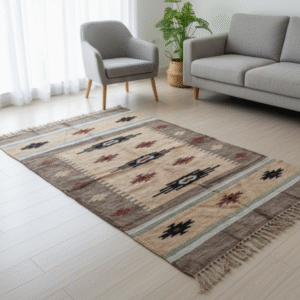 Handwoven Cotton Silk Blend Rug 3x5 ft: Tribal Geometric Flatweave Rug