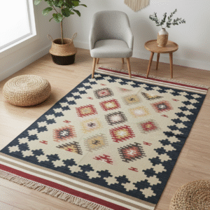 Handwoven Cotton Kilim Rug: 4x6 Southwestern Geometric Decor Rug