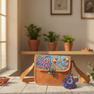 Handcrafted Embroidered Leather Clutch | 6x7 Inch Crossbody Sling with Bag Charm | Small Ethnic Purse for Women