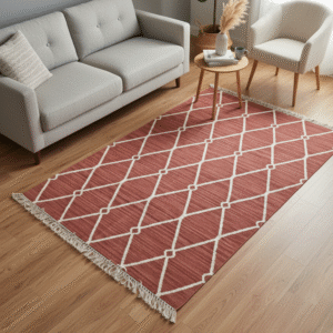 Handmade 4x6 Red Cotton Rug | Modern Geometric Diamond Flatweave | Boho Rug