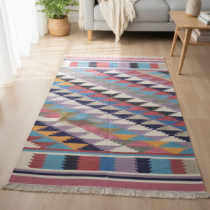 Handwoven Cotton Kilim Rug: Boho Southwestern Tribal Design Rug