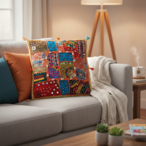 Handmade Patchwork Pillow Cover: Boho Throw Pillow with Embroidery, Cowrie Shells