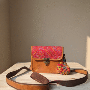 Handmade Multicolour Embroidered Leather Clutch | 6x7 Inch Crossbody Sling with Bag Charm | Small Ethnic Purse for Women