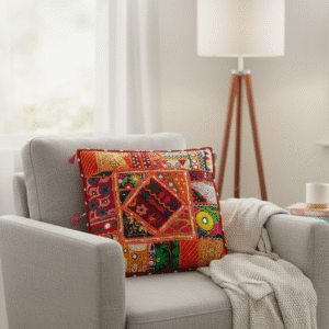 Red Boho Pillow Cover 16x16 | Handmade Embroidered Patchwork Pillow | Indian Mirror Work & Zari Decor