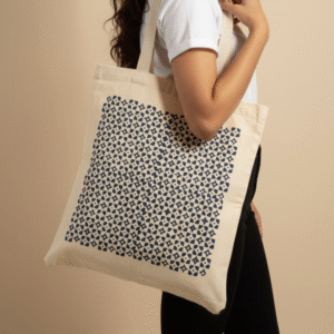 Indigo Geometric Repeat Block Print Tote Bag | Handcrafted Cotton Canvas Shoulder Bag | Eco-Friendly Reusable Market Tote