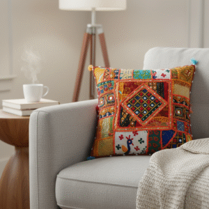 Handmade Patchwork Pillow Cover | Colorful 16x16 Embroidered Cushion with Mirrors | Indian Boho Home Décor