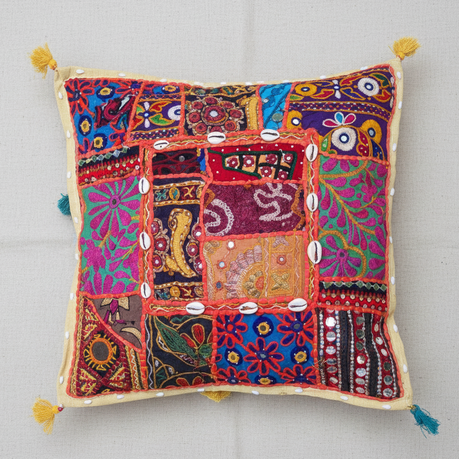 Boho Patchwork Pillow Cover 16x16 | Handmade Throw Pillow with Embroidery, Mirror Work & Cowrie Shells - Image 2