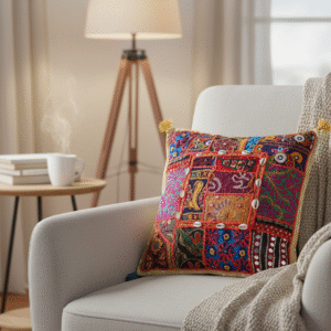 Boho Patchwork Pillow Cover 16x16 | Handmade Throw Pillow with Embroidery, Mirror Work & Cowrie Shells