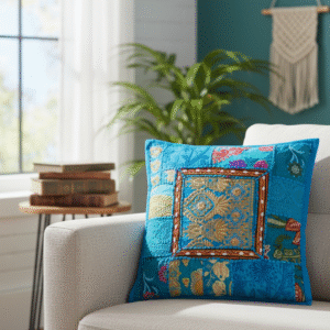 Blue Embroidered Pillow Cover with Golden Zari | Boho Ethnic Pillow Cover 16x16