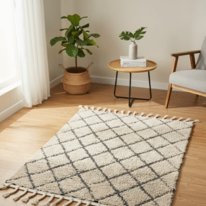 Handmade Moroccan Rug: 3x5 Diamond Shag Rug with Fringe