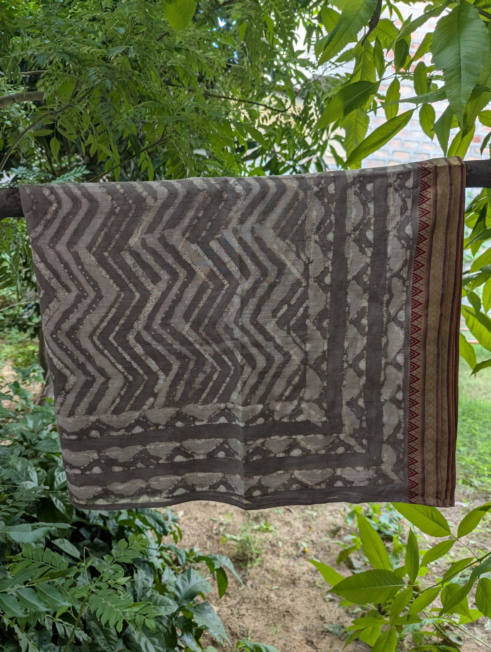 Hand Block Print Cotton Sarong: Brown Zigzag Boho Beach Wrap - Image 4