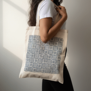 Indigo Tile Block Print Tote Bag | Handcrafted Cotton Canvas Shoulder Bag | Eco-Friendly Reusable Market Tote