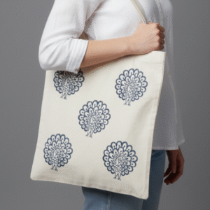 Peacock Block Print Tote Bag | Handcrafted Cotton Canvas Shoulder Tote | Eco-Friendly Reusable Market Bag
