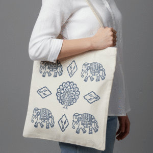 Peacock & Elephant Block Print Tote Bag | Handcrafted Cotton Canvas Shoulder Bag | Eco-Friendly Reusable Market Tote