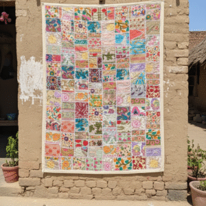 Handmade Patchwork Wall Hanging – Beige Embroidered Tapestry Quilt (40*60 Inches)