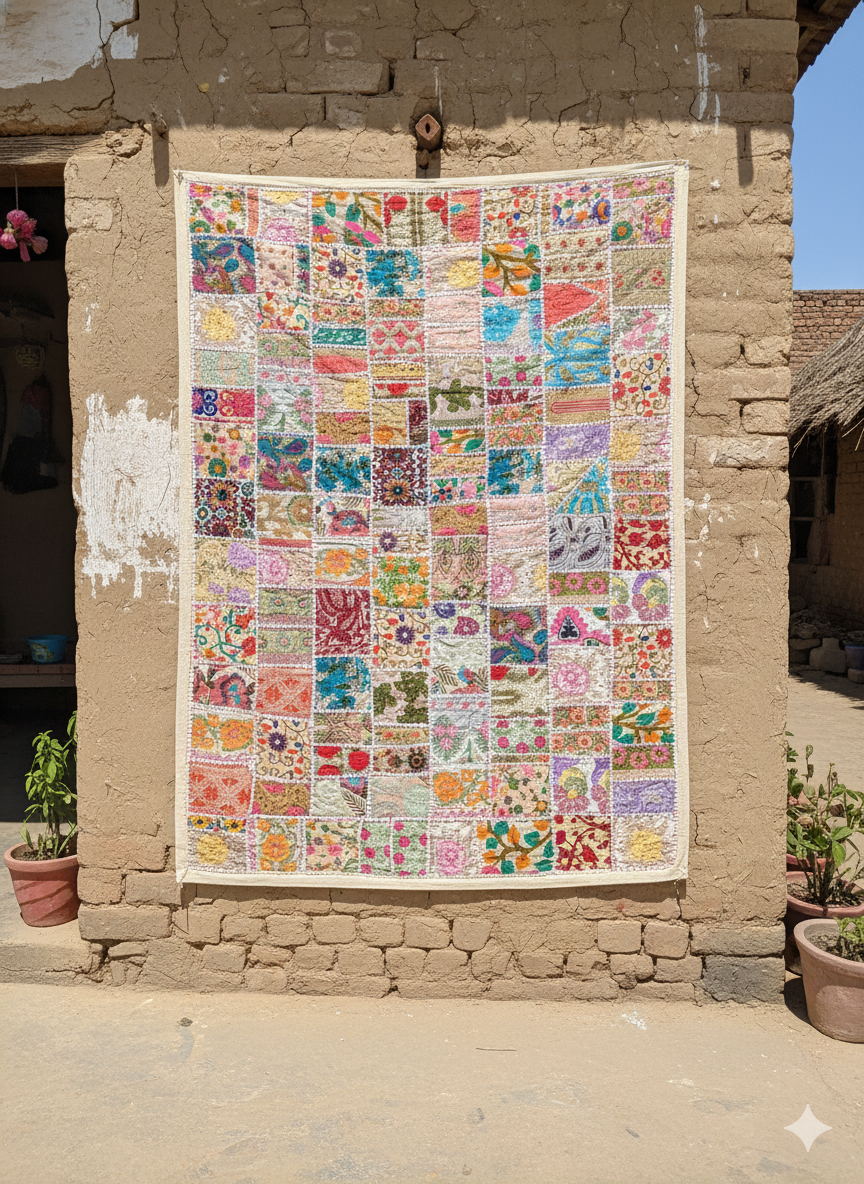 Handmade Patchwork Wall Hanging – Beige Embroidered Tapestry Quilt (40*60 Inches)