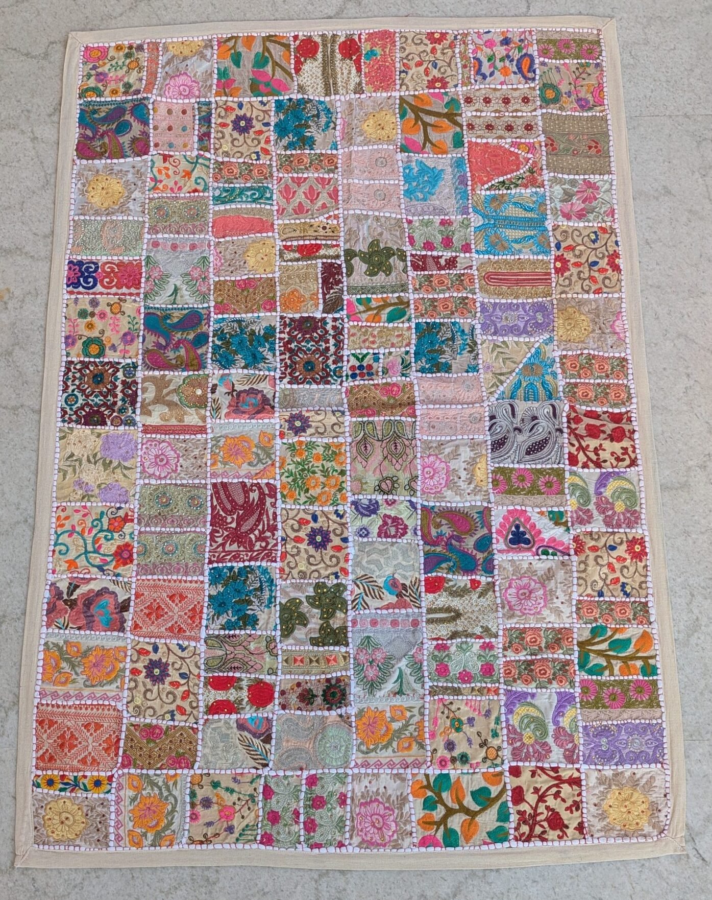 Handmade Patchwork Wall Hanging – Beige Embroidered Tapestry Quilt (40*60 Inches) - Image 2