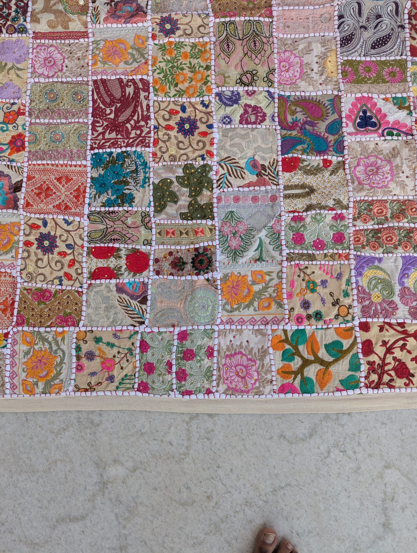 Handmade Patchwork Wall Hanging – Beige Embroidered Tapestry Quilt (40*60 Inches) - Image 4