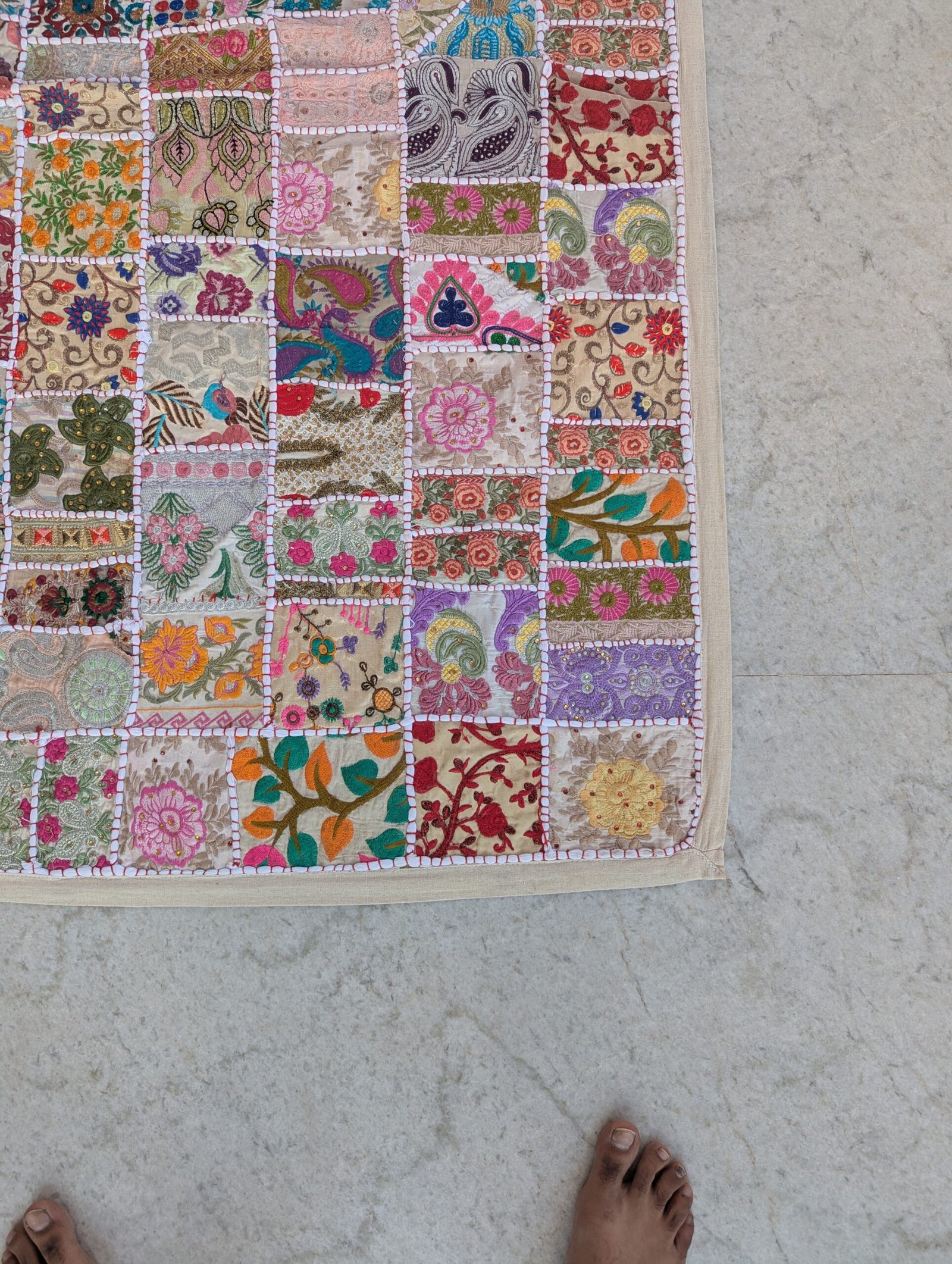 Handmade Patchwork Wall Hanging – Beige Embroidered Tapestry Quilt (40*60 Inches) - Image 5