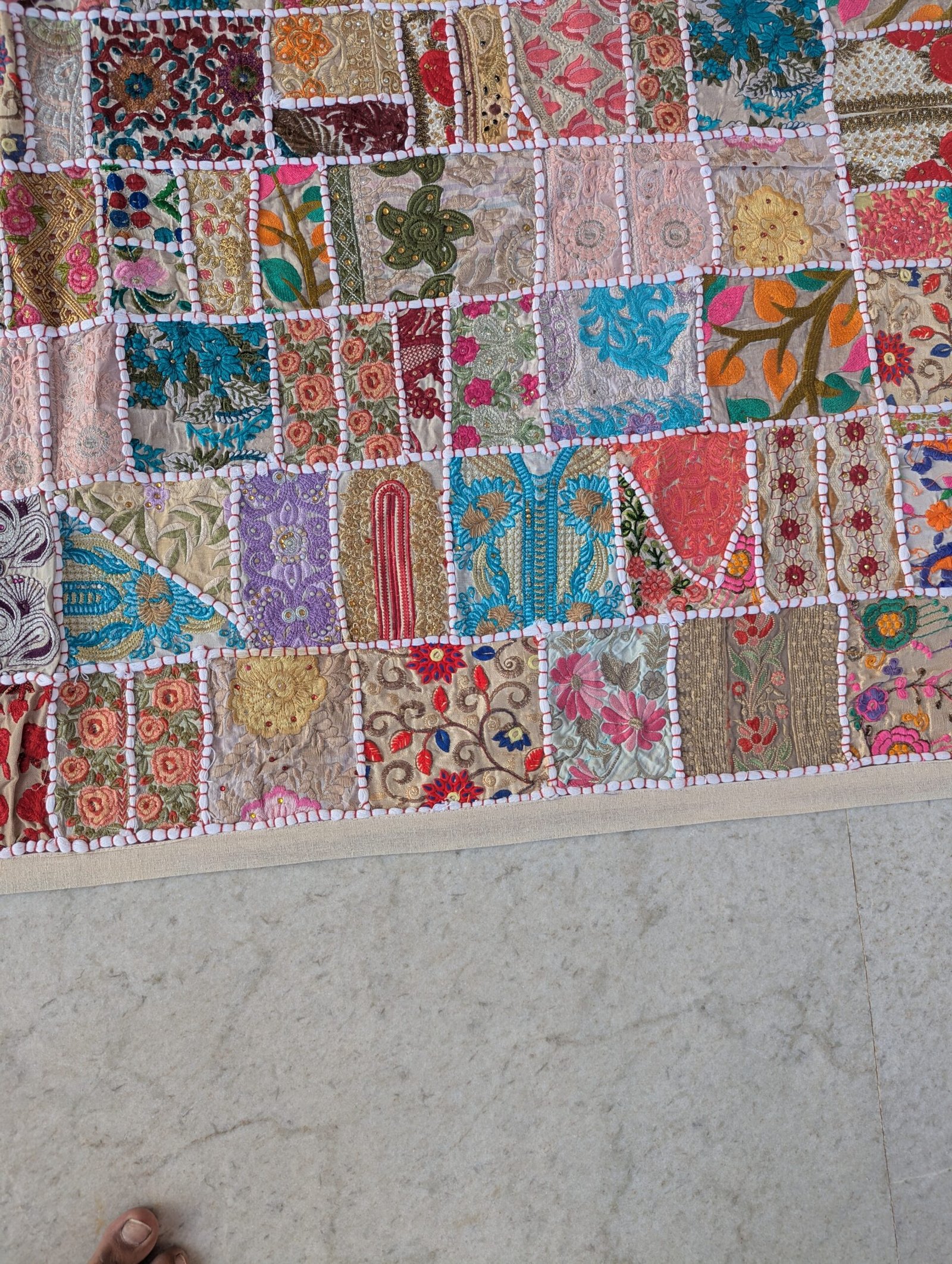 Handmade Patchwork Wall Hanging – Beige Embroidered Tapestry Quilt (40*60 Inches) - Image 6