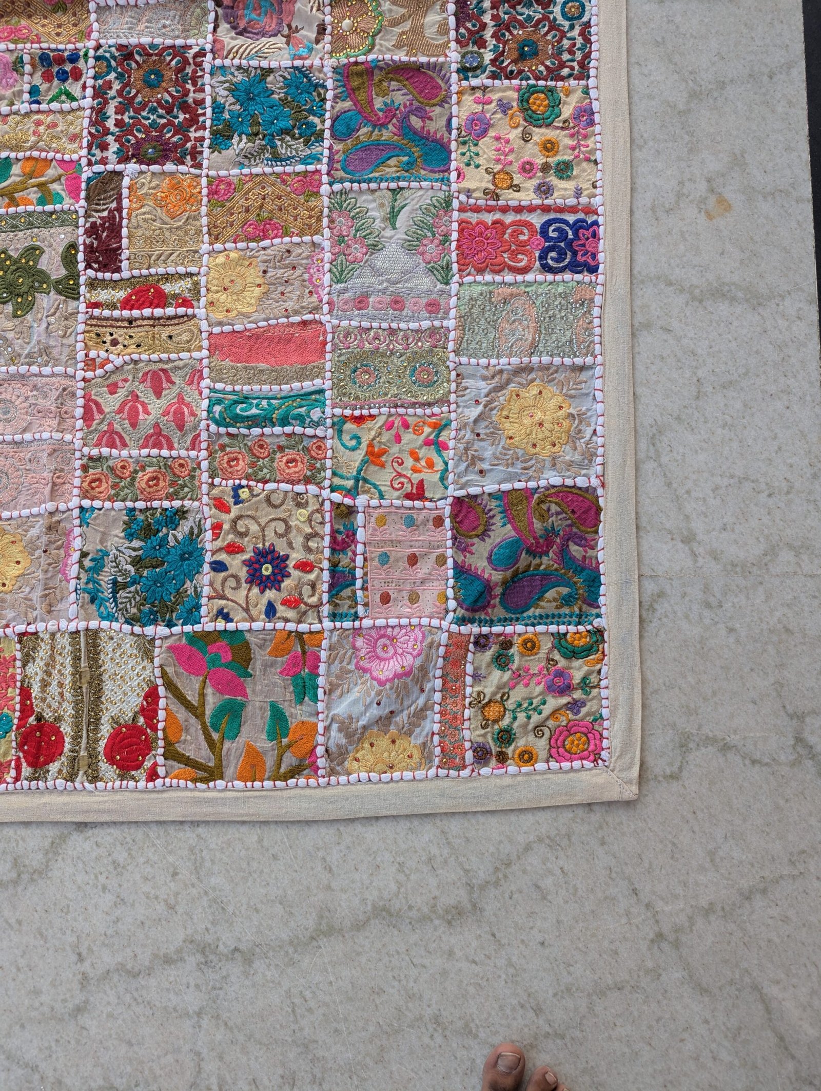 Handmade Patchwork Wall Hanging – Beige Embroidered Tapestry Quilt (40*60 Inches) - Image 9