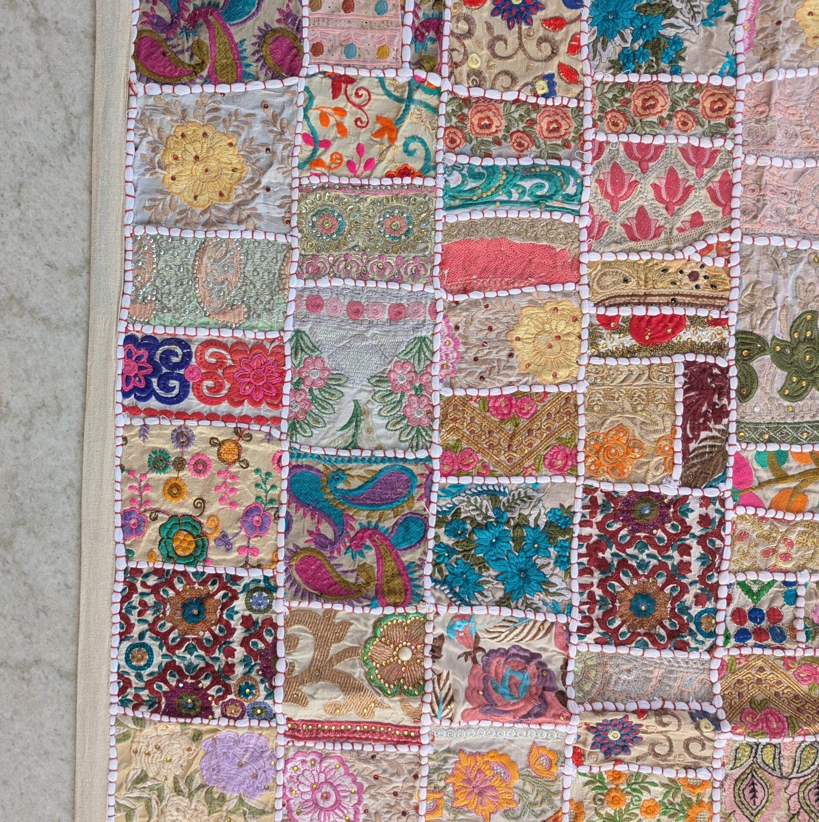 Handmade Patchwork Wall Hanging – Beige Embroidered Tapestry Quilt (40*60 Inches) - Image 10
