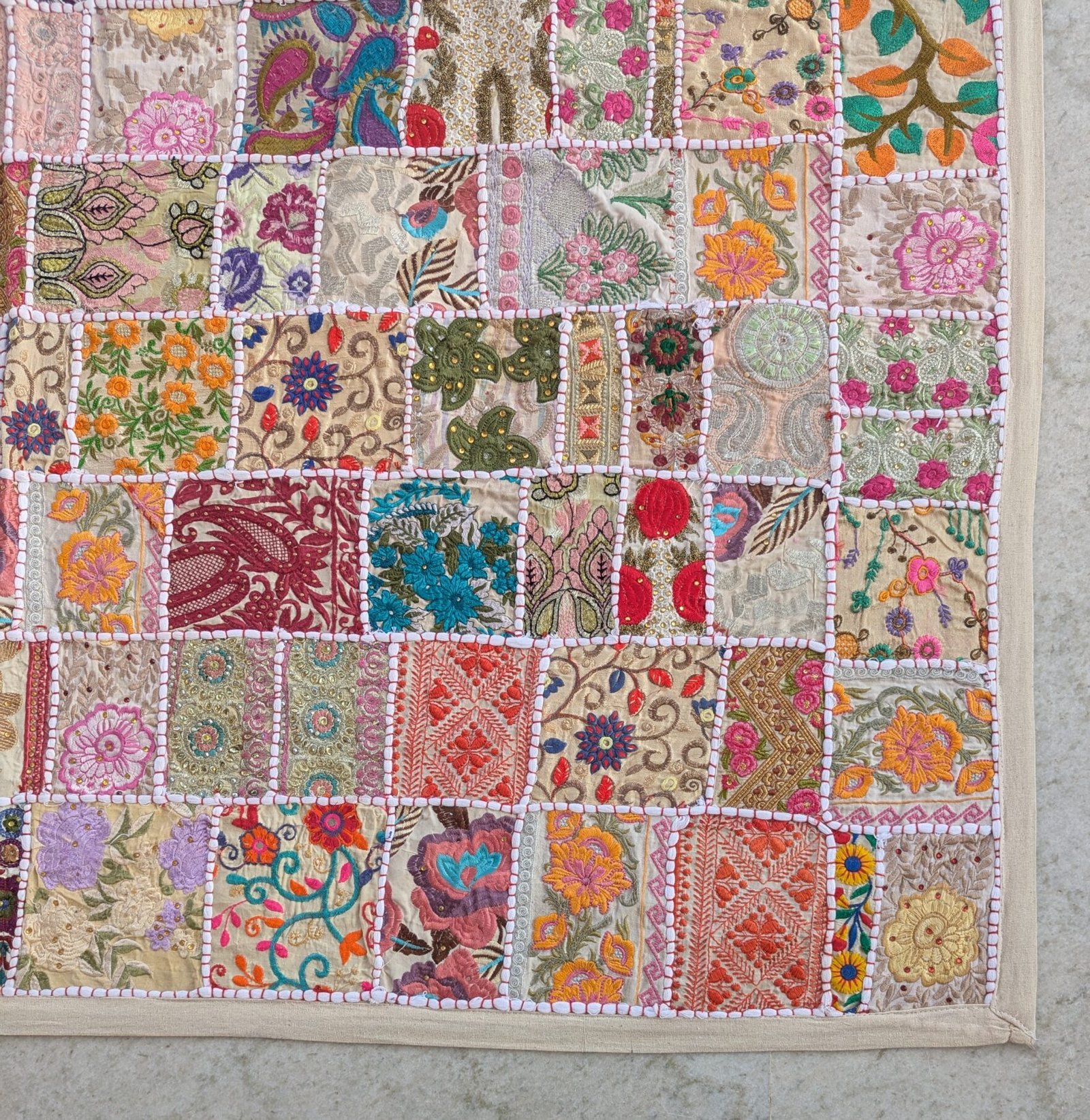 Handmade Patchwork Wall Hanging – Beige Embroidered Tapestry Quilt (40*60 Inches) - Image 11