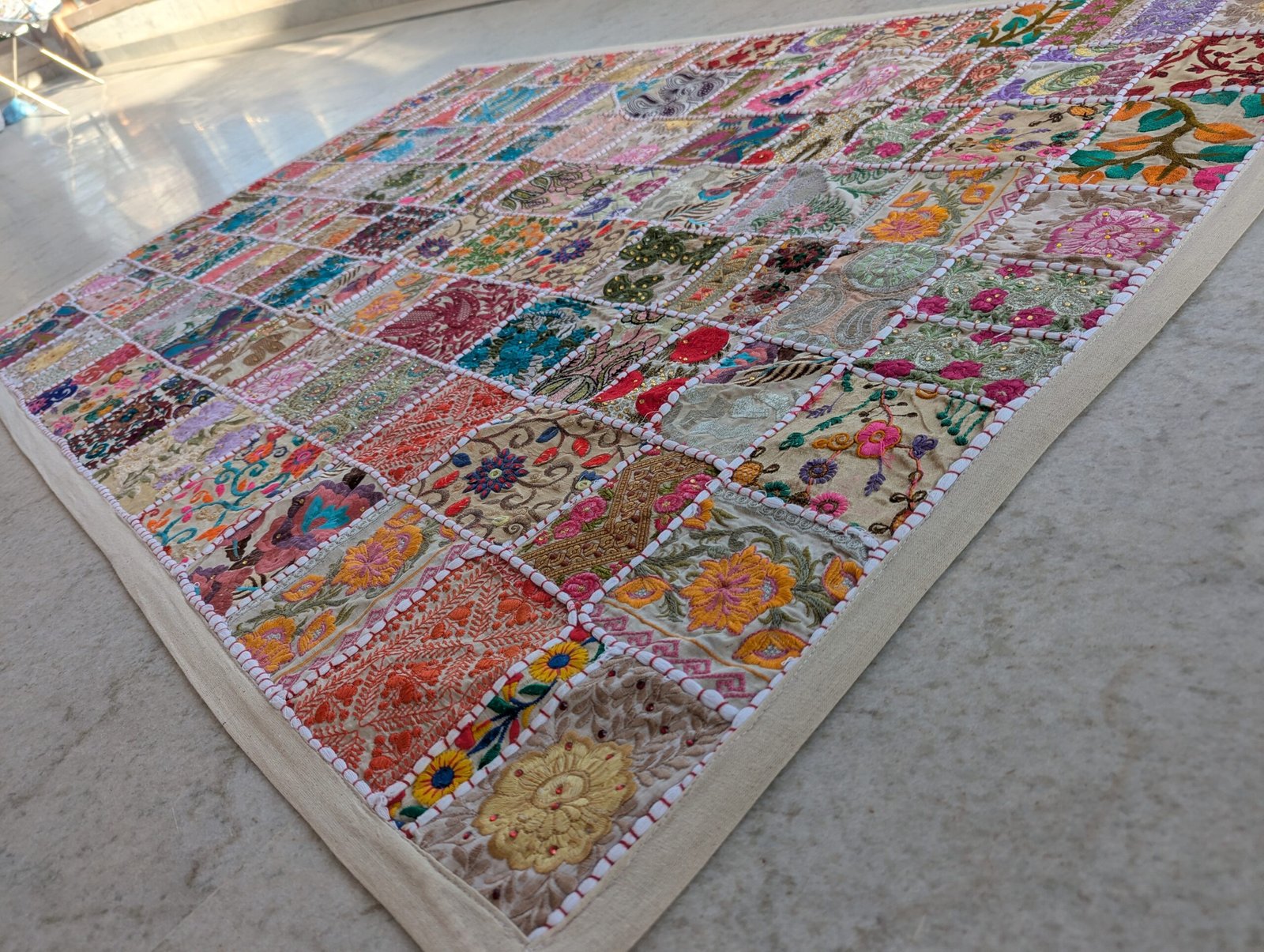 Handmade Patchwork Wall Hanging – Beige Embroidered Tapestry Quilt (40*60 Inches) - Image 12